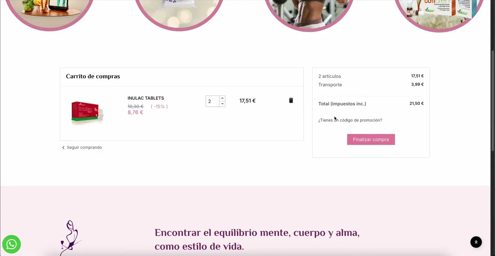Filosofía Nutricional · Cesta con el total y el envío
