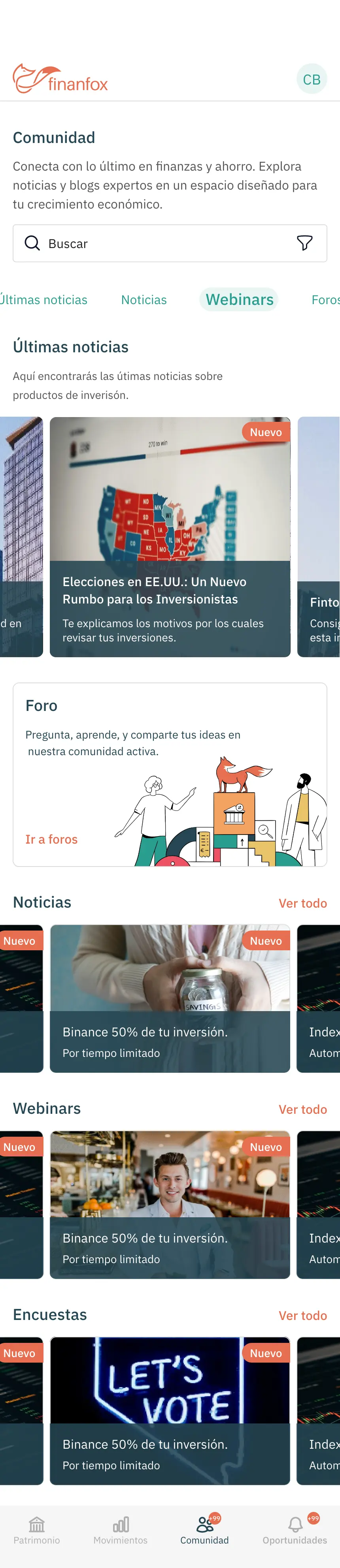 Finanfox · pantalla de la app