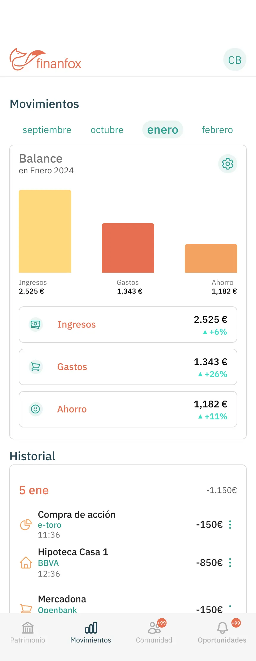 Finanfox · pantalla de la app