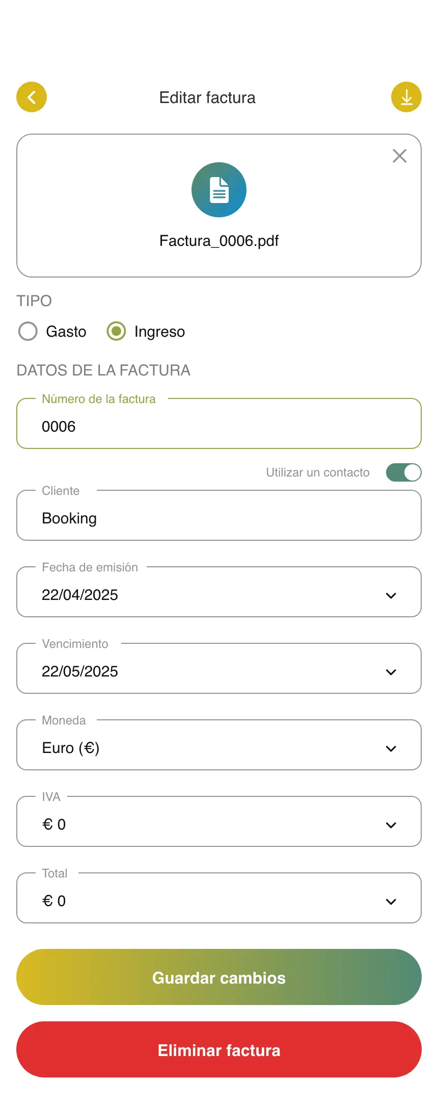 Patrimonium · Cada factura, con su contacto y sus fechas.