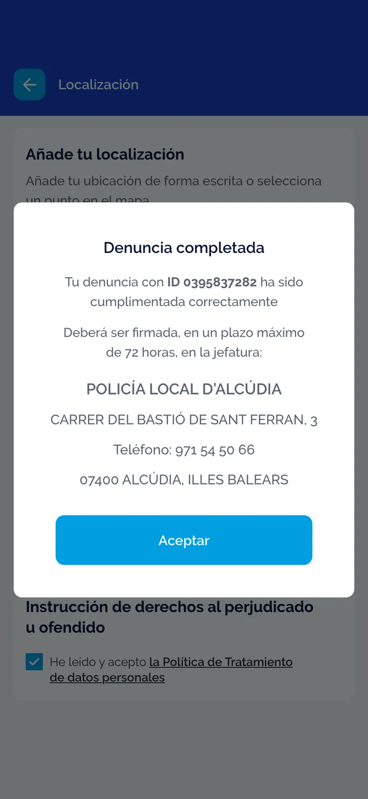 Policía Local de Alcúdia · Denuncia completada