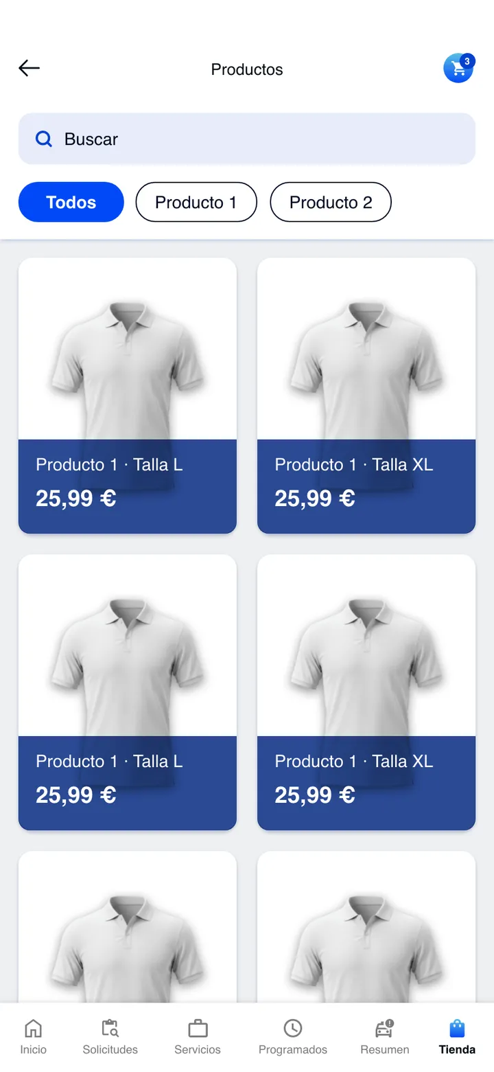 Taxin · La tienda de uniformes, dentro de la app.