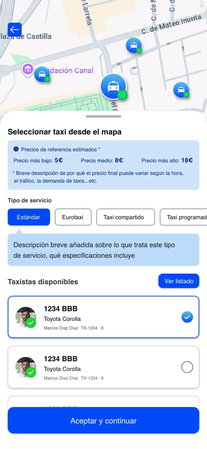 Taxin · Precio orientativo y taxista a elegir