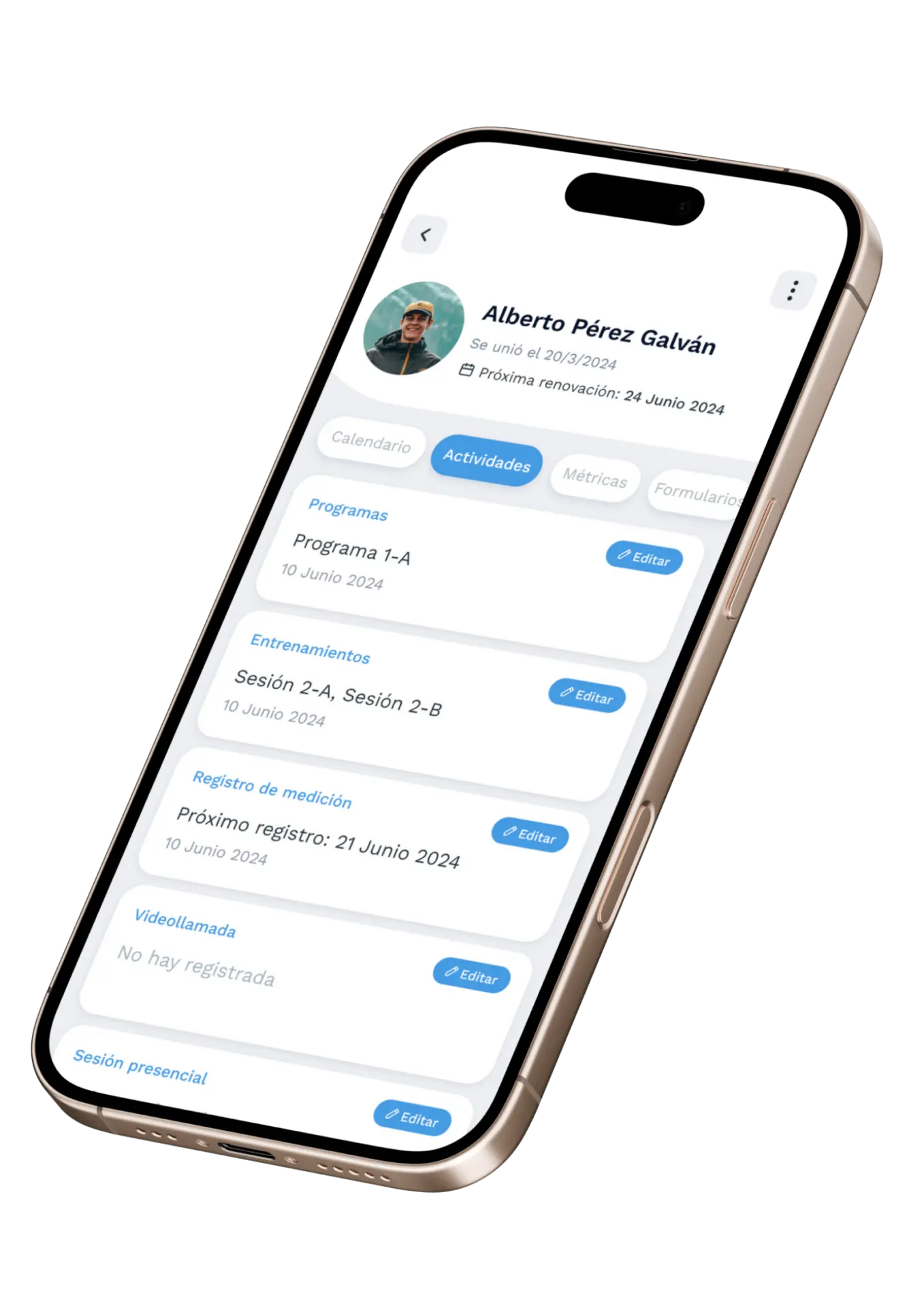 Train Sphere · Ficha del cliente: programas, entrenamientos, mediciones y sesiones
