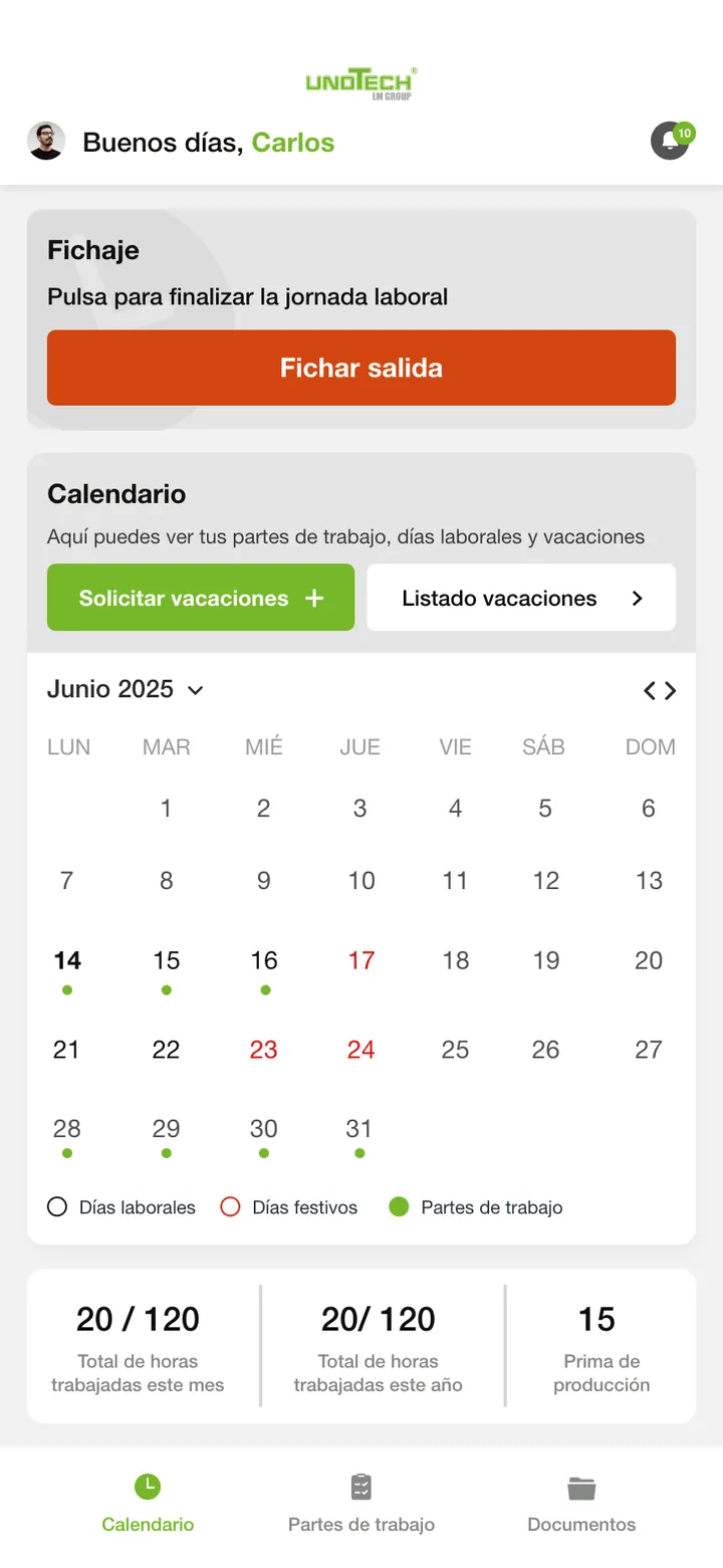 Unotech · pantalla de la app