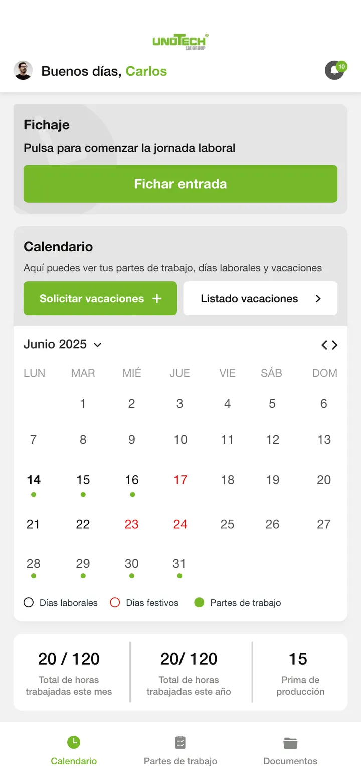 Unotech · Por la mañana, fichar la entrada